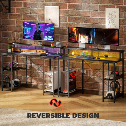 HOMCOM LED Computer Desk, with Power Outlets and Shelves - Carbon Fibre Grey