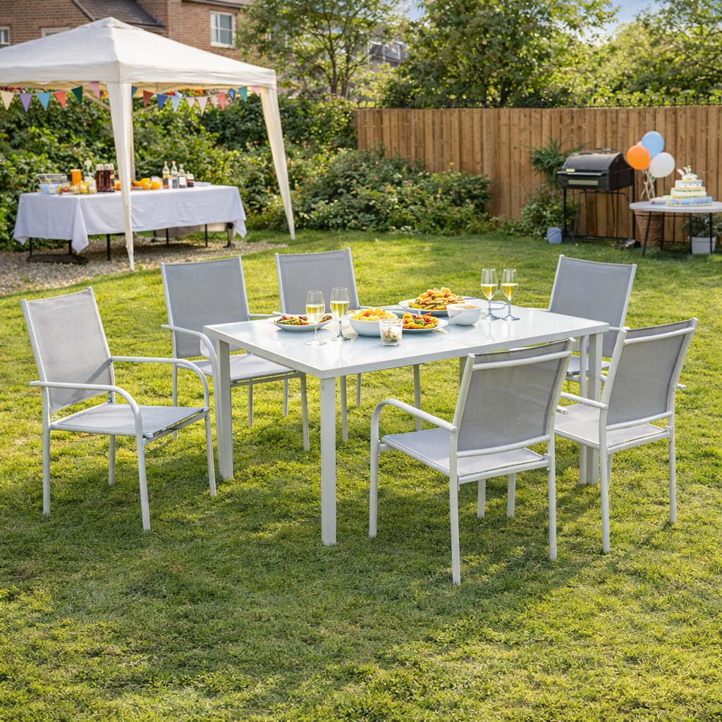 Outsunny 7 Piece Garden Dining Set, Outdoor Table and 6 Stackable Chairs, Steel Frame, Tempered Glass Top Table, Mesh Seats, Grey
