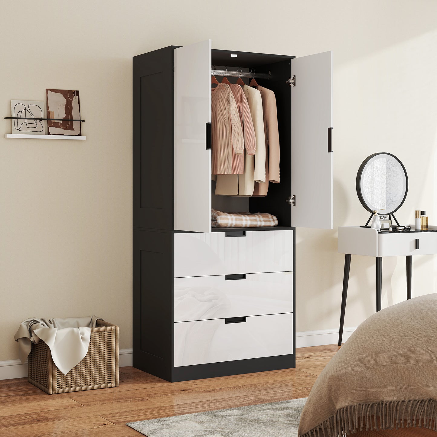 HOMCOM 2 Door Wardrobe, Modern Wardrobe with 3 Drawers and Hanging Rod for Bedroom, High Gloss White