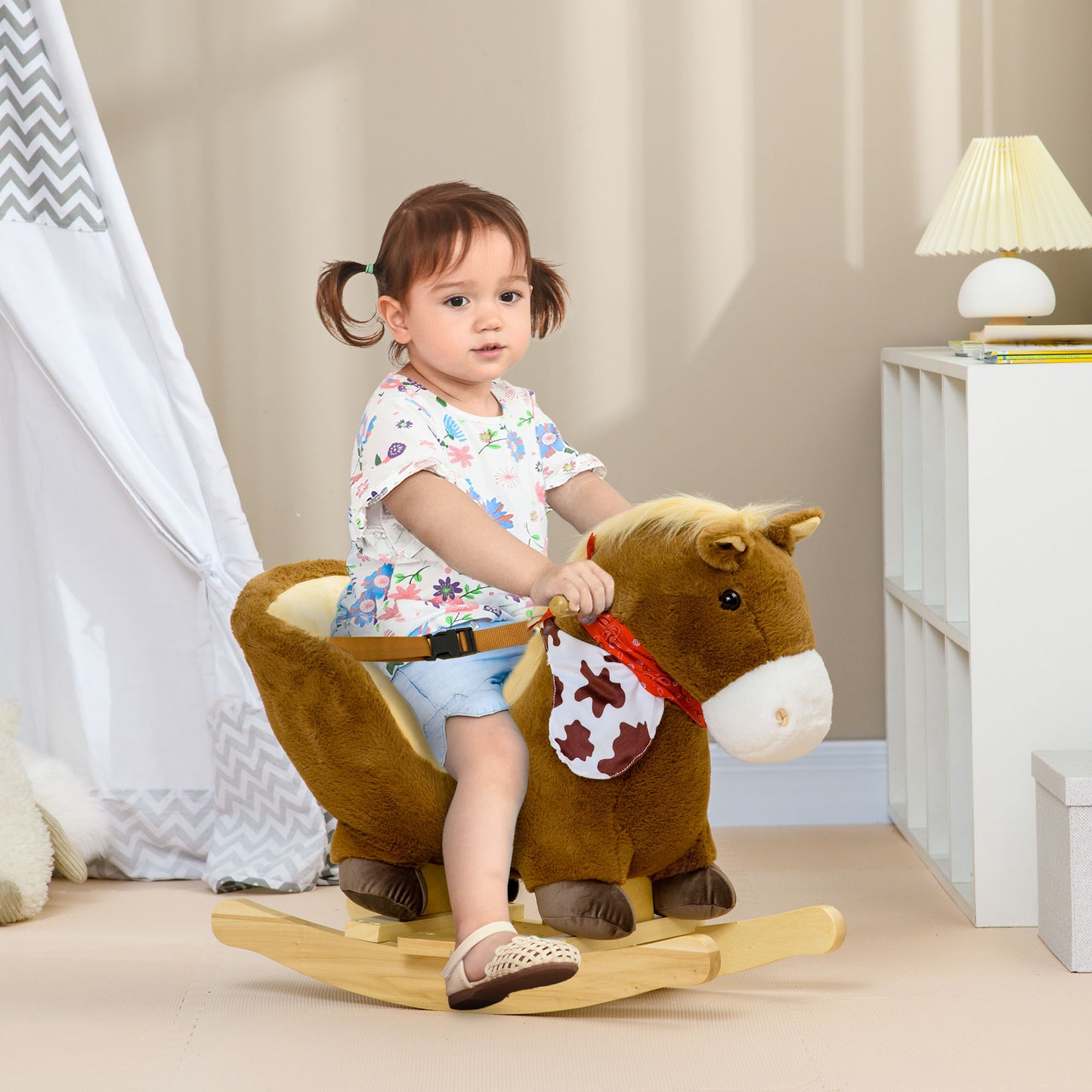 HOMCOM Kids Rocking Horse, with Secure Harness, Sounds, Foot Pedals - Brown