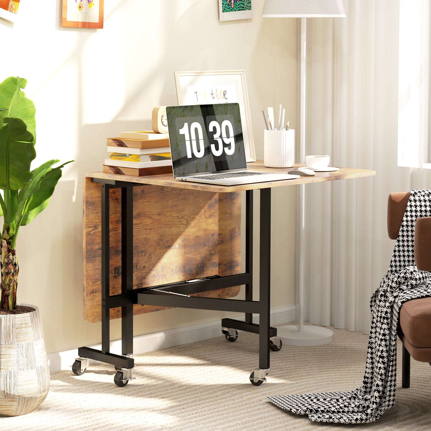 HOMCOM Six-Seater Drop-Leaf Dining Table, with Wheels - Brown Wood-Effect-Kitchen & Dining Room Tables-ChewyGames-ChewyGames