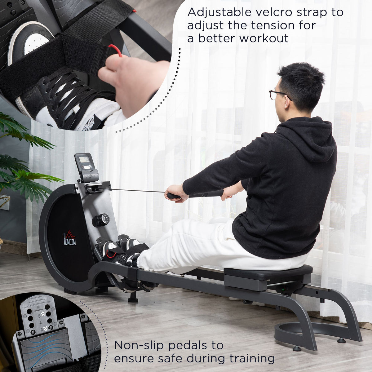 HOMCOM Folding Rowing Machine with 16-Level Adjustable Magnetic Resistance, Aluminium Side Rail, Digital Monitor, Cardio Workout Rower, 130kg Weight Capacity for Home, Gym, Office