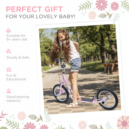HOMCOM Stunt Scooter, Kids Scooter with 16" Big Wheels, Adjustable Height, Dual Brakes, for Ages 5+ Years, Pink