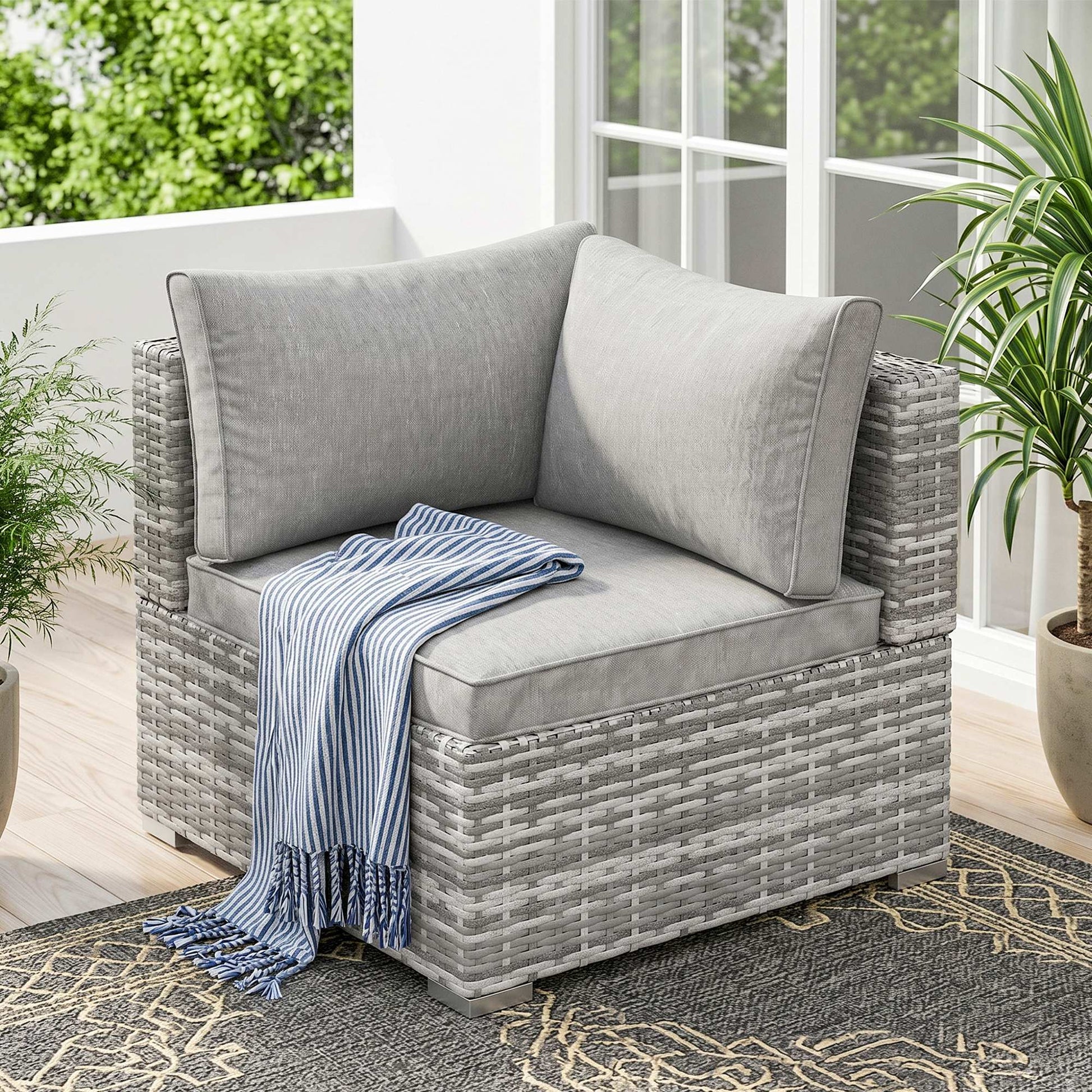 Outsunny Outdoor PE Rattan Corner Sofa, Garden Wicker Furniture Single Sofa Chair w/ Cushions, Light Grey--ChewyGames-ChewyGames