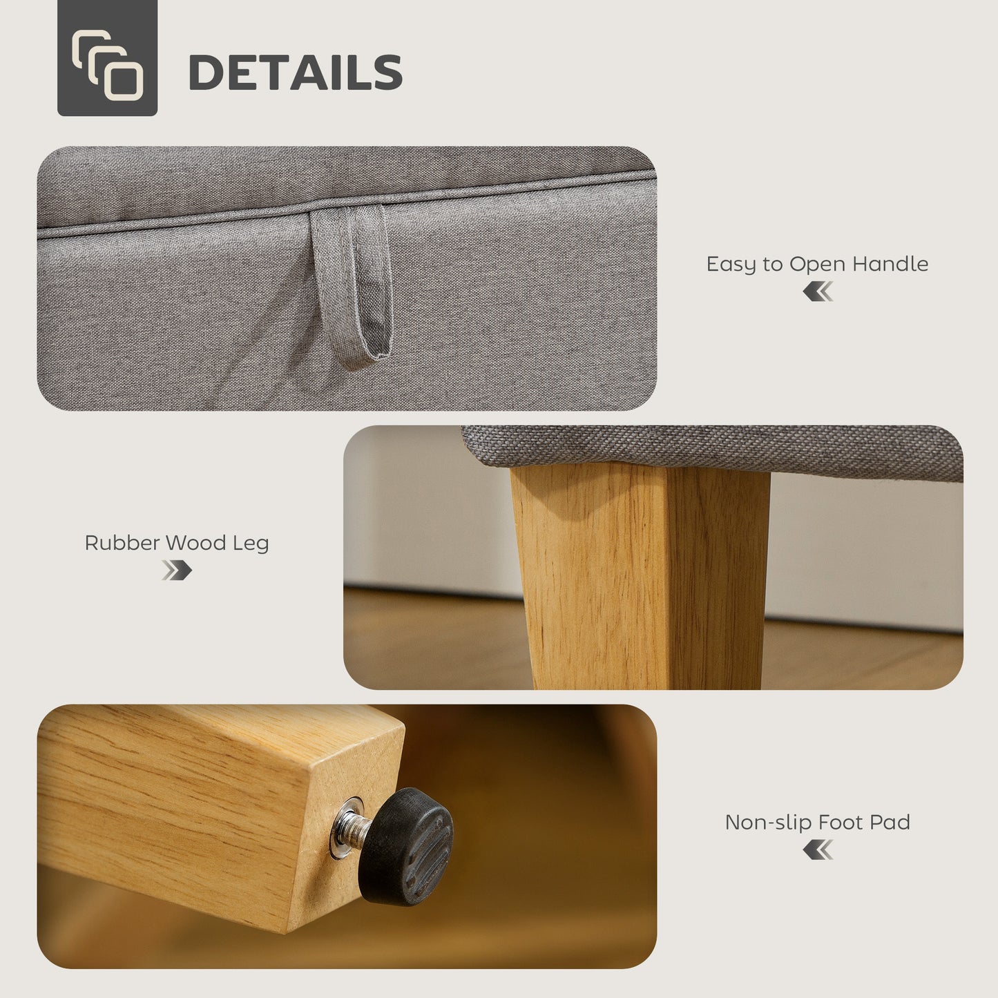 HOMCOM 16L Linen Storage Ottoman Padded Footstool with Rubberwood Legs for Storage Box, Bed End, Shoe Bench, Seating, Light Grey
