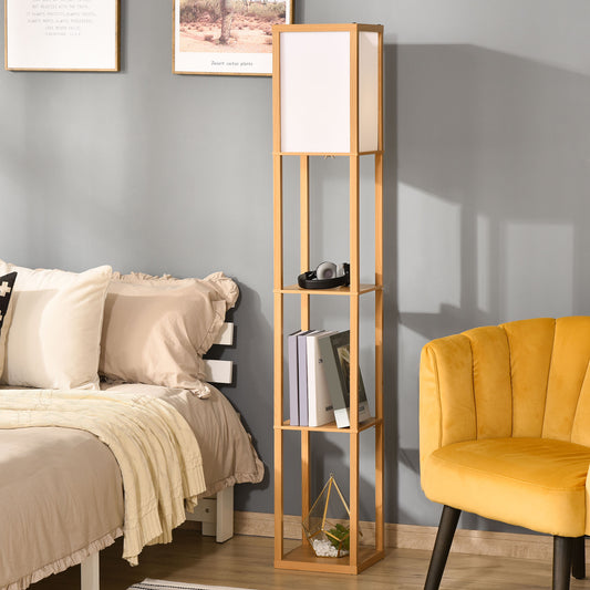 HOMCOM 3-Tier Floor Lamp with Shelves and Storage, Modern Corner Standing Lamp with Lampshade, Reading Light with Foot Switch for Living Room, Bedroom, Home Office, Bulb not Included, Natural