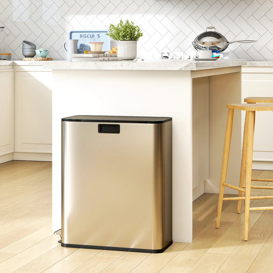 HOMCOM Dual Kitchen Bin with Soft-Close Butterfly Lid, 2 x 28L Stainless Steel Pedal Bin with Removable Inner Buckets, Fingerprint-Proof for Recycling and Waste, Silver Tone