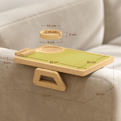 HOMCOM Anti-Slip Sofa Armrest Tray, Bamboo Sofa Arm Tray with 360° Phone Holder and Removable Cup Holder, Natural
