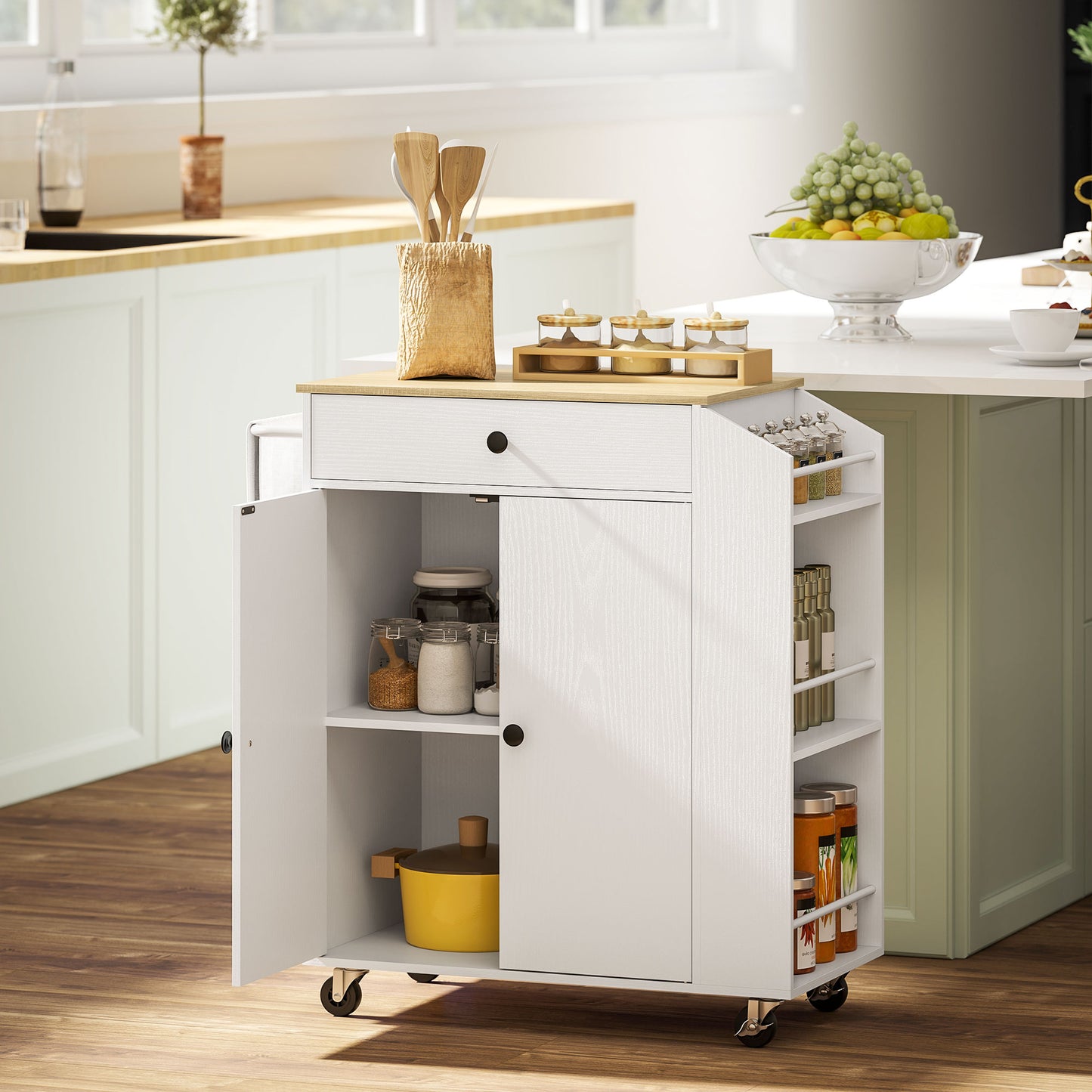 HOMCOM Rolling Kitchen Island with 3-Tier Spice Rack, Kitchen Storage Cart with Drawer and Towel Rack, White