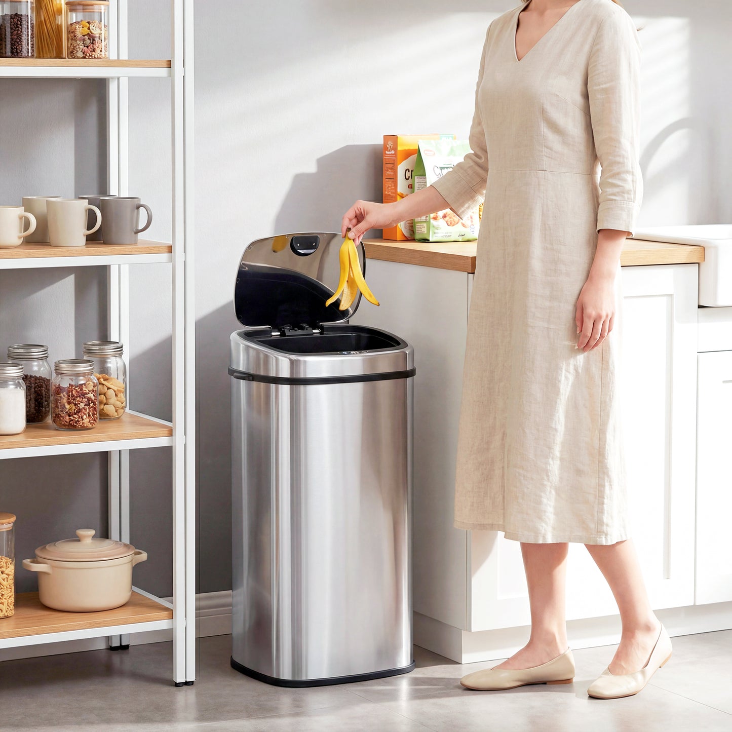 HOMCOM 68L Automatic Sensor Bin, Touchless Stainless Steel Kitchen Rubbish Bin, Hands-Free Infrared Waste Dustbin, Motion Trash Can with Manual Button for Home Office, Silver