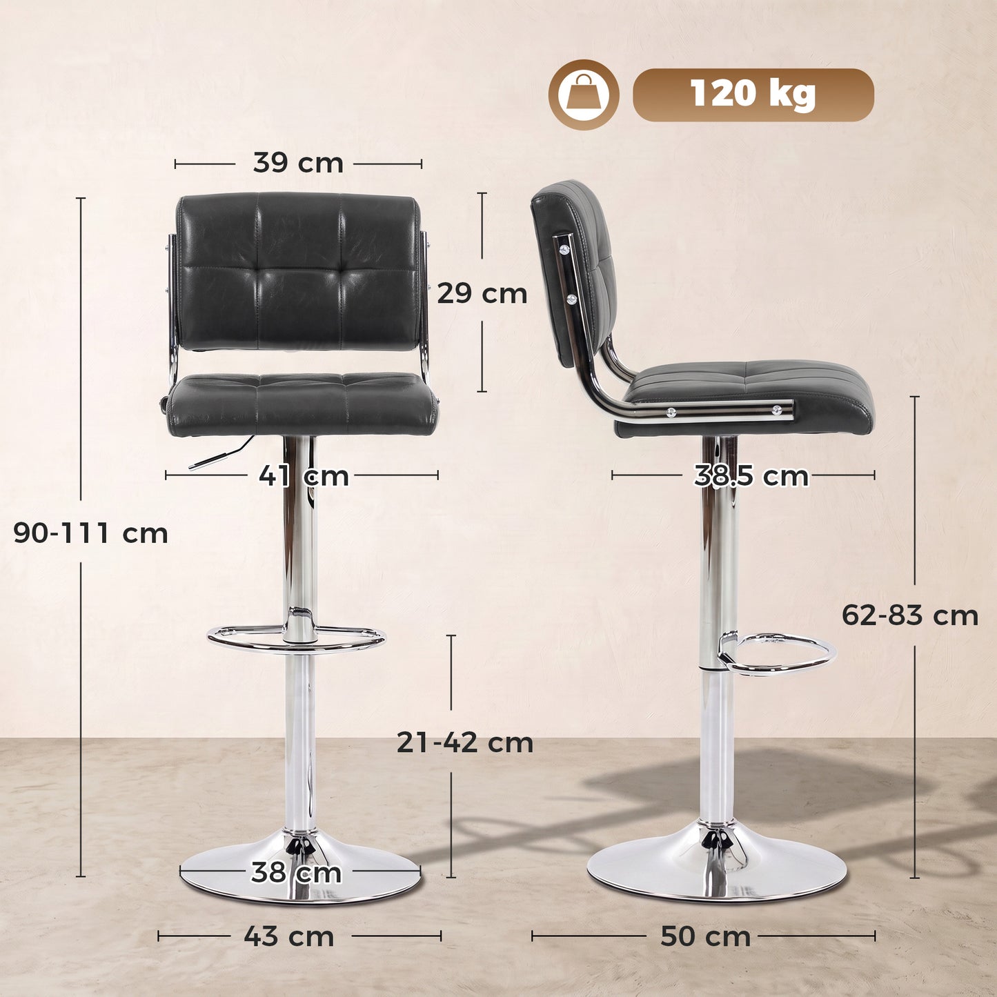HOMCOM Bar Stools Modern PU Leather Adjustable Breakfast Bar Stools Backrest Set of 2 Grey