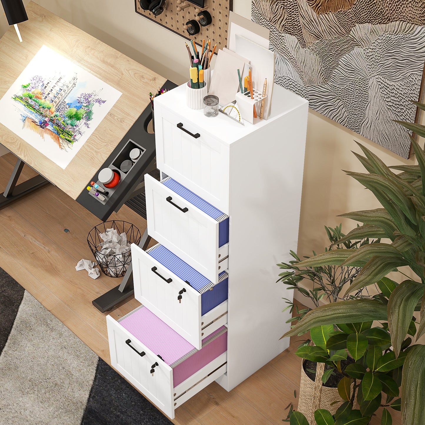 HOMCOM 4 Drawer Filing Cabinet with Lock, Office Storage Cabinet with Adjustable Hanging Bars for A4 Letter Size Files, White