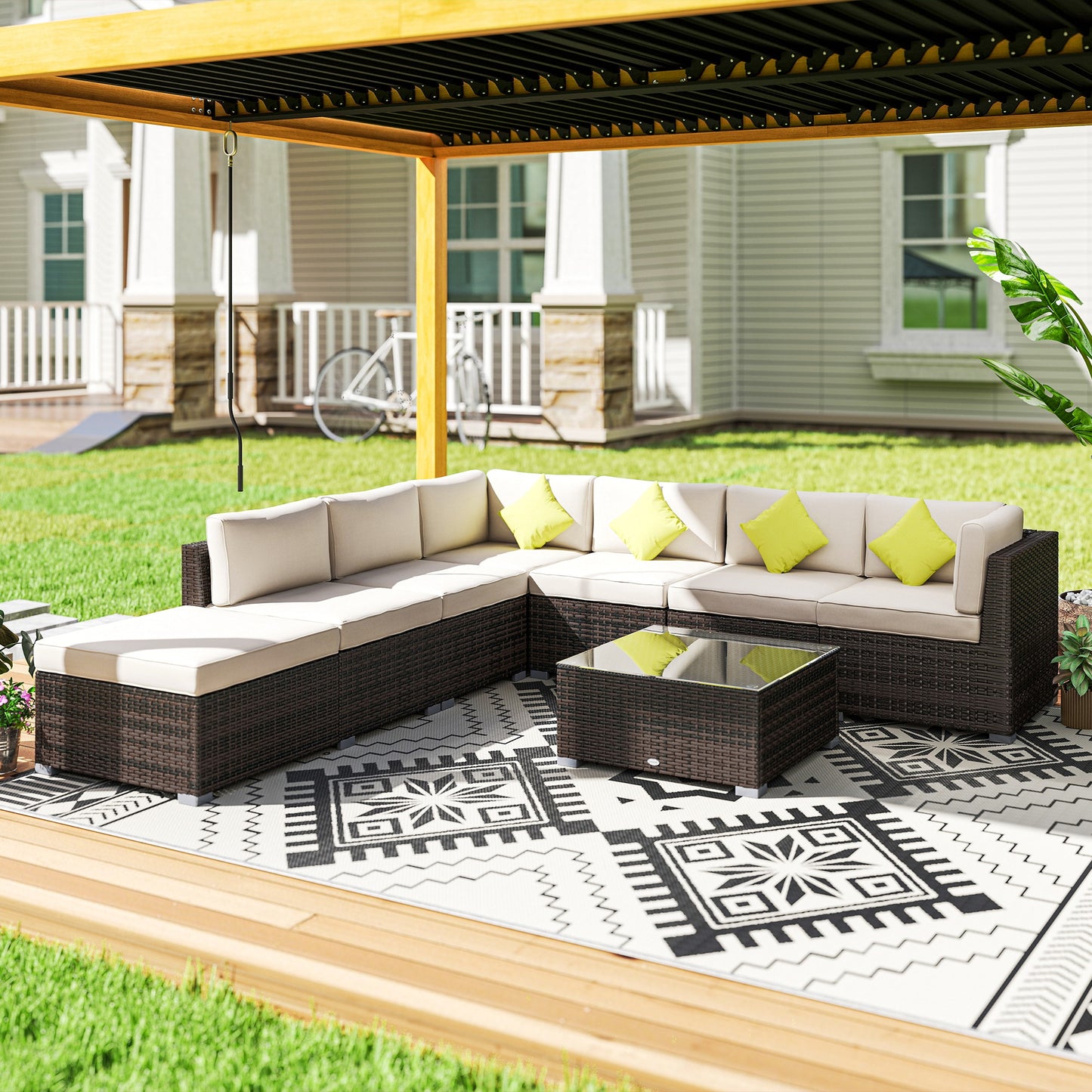 Outsunny 8 Piece Rattan Corner Sofa Set with Wide & Deep Seat, Assembled Aluminium PE Rattan Garden Furniture Set with Thick Cushions and Glass Top Table for Outdoor, Conservatory, Mixed Brown-Outdoor Furniture Sets-ChewyGames-ChewyGames