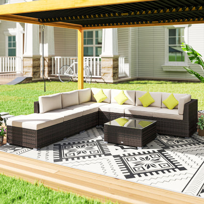 Outsunny 8 Piece Rattan Corner Sofa Set with Wide & Deep Seat, Assembled Aluminium PE Rattan Garden Furniture Set with Thick Cushions and Glass Top Table for Outdoor, Conservatory, Mixed Brown-Outdoor Furniture Sets-ChewyGames-ChewyGames