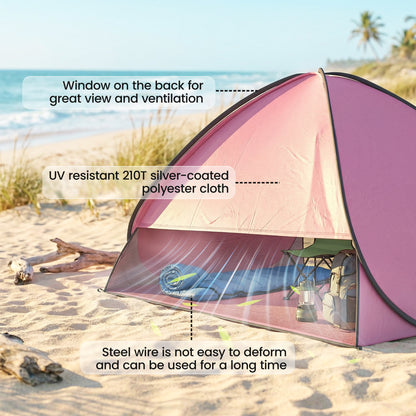 Outsunny Pop up Beach Tent, UV 50+ Sun Shelter with Carry Bag, 2x1.5m for 2-3 Person, Pink