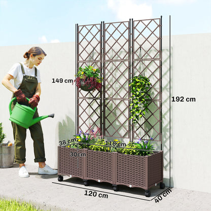 Outsunny Plastic Raised Planter with Trellis, Self Watering Raised Bed for Garden with Wheels, Drainage Holes and Plugs