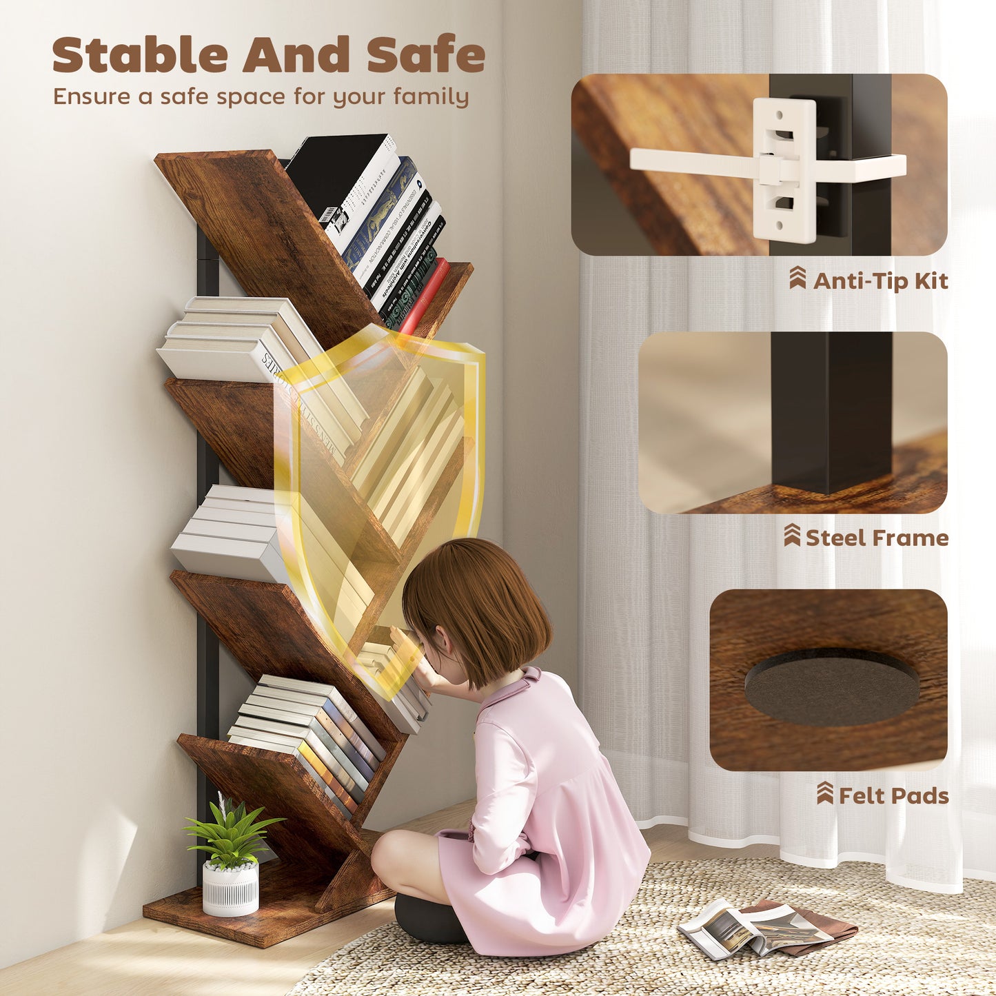 HOMCOM Six-Section Tree Bookcase - Wood-Effect