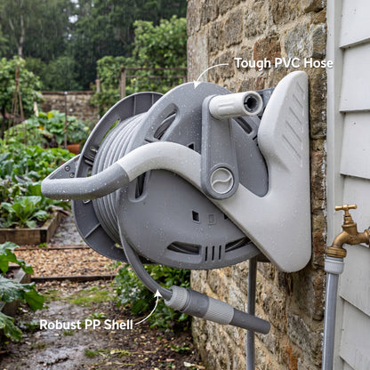 Outsunny Portable Garden Hose Reel, 20+2 m Wall Mounted Hose Reel with 2 Patterns Spray Nozzle and Crank Handle, Grey