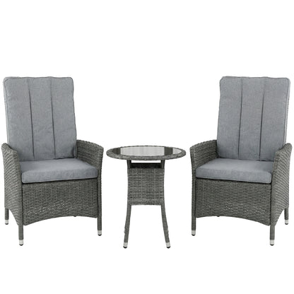 Outsunny Rattan Bistro Set, Reclining Garden Chairs and Glass Coffee Table with Cushions for Patio Balcony Porch, Grey