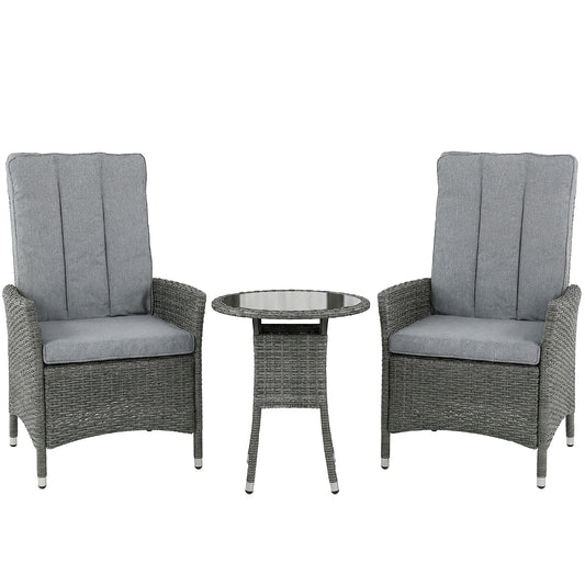 Outsunny Rattan Bistro Set, Reclining Garden Chairs and Glass Coffee Table with Cushions for Patio Balcony Porch, Grey