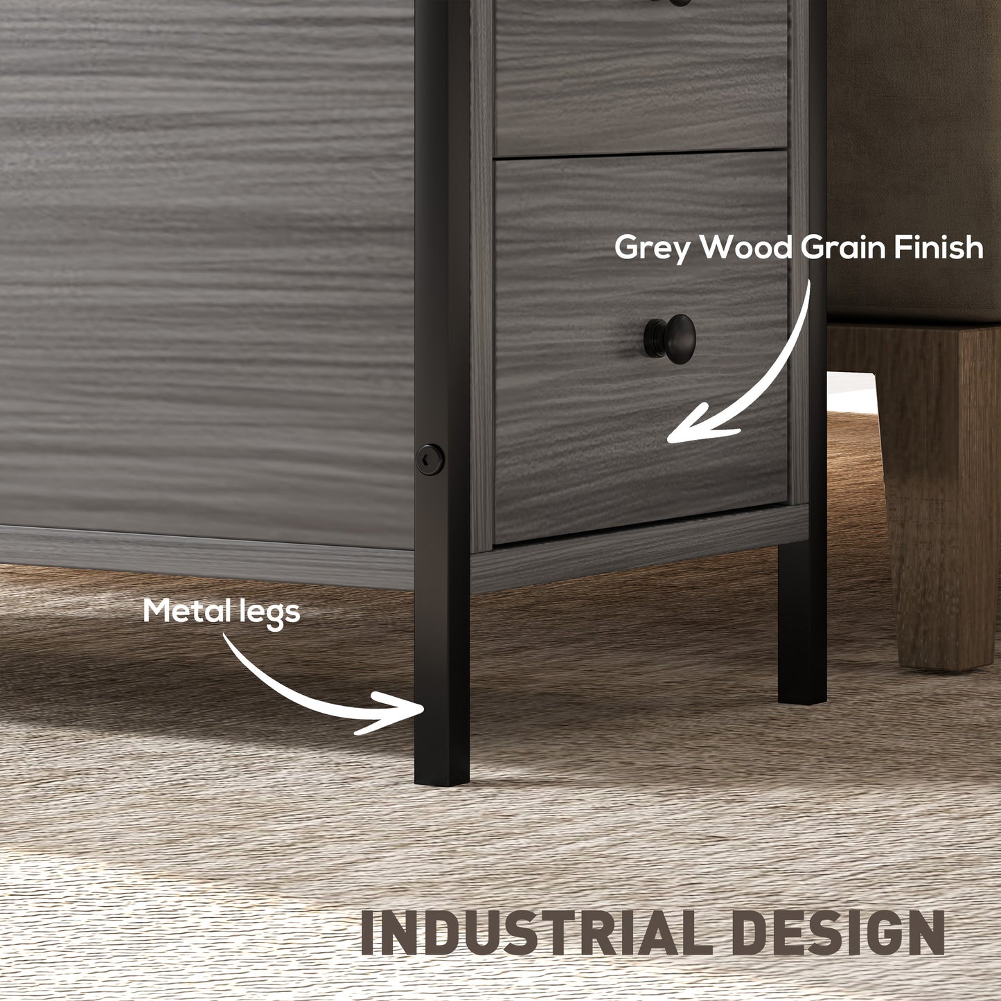 HOMCOM Side Table, Narrow Bedside Table with 2 Drawers and Storage Shelf, Industrial End Table with Metal Frame for Small Spaces, Grey Wood Grain