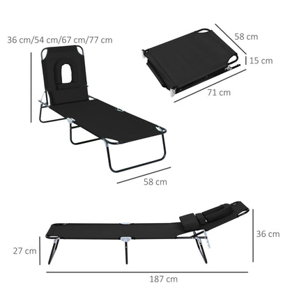 Outsunny Outdoor Folding Sun Lounger with Face Hole, 4 Level Adjustable Backrest Reclining Garden Lounger, Garden Recliner Sunbed with 600 D Oxford Cloth Seat and Pillow for Beach, Black
