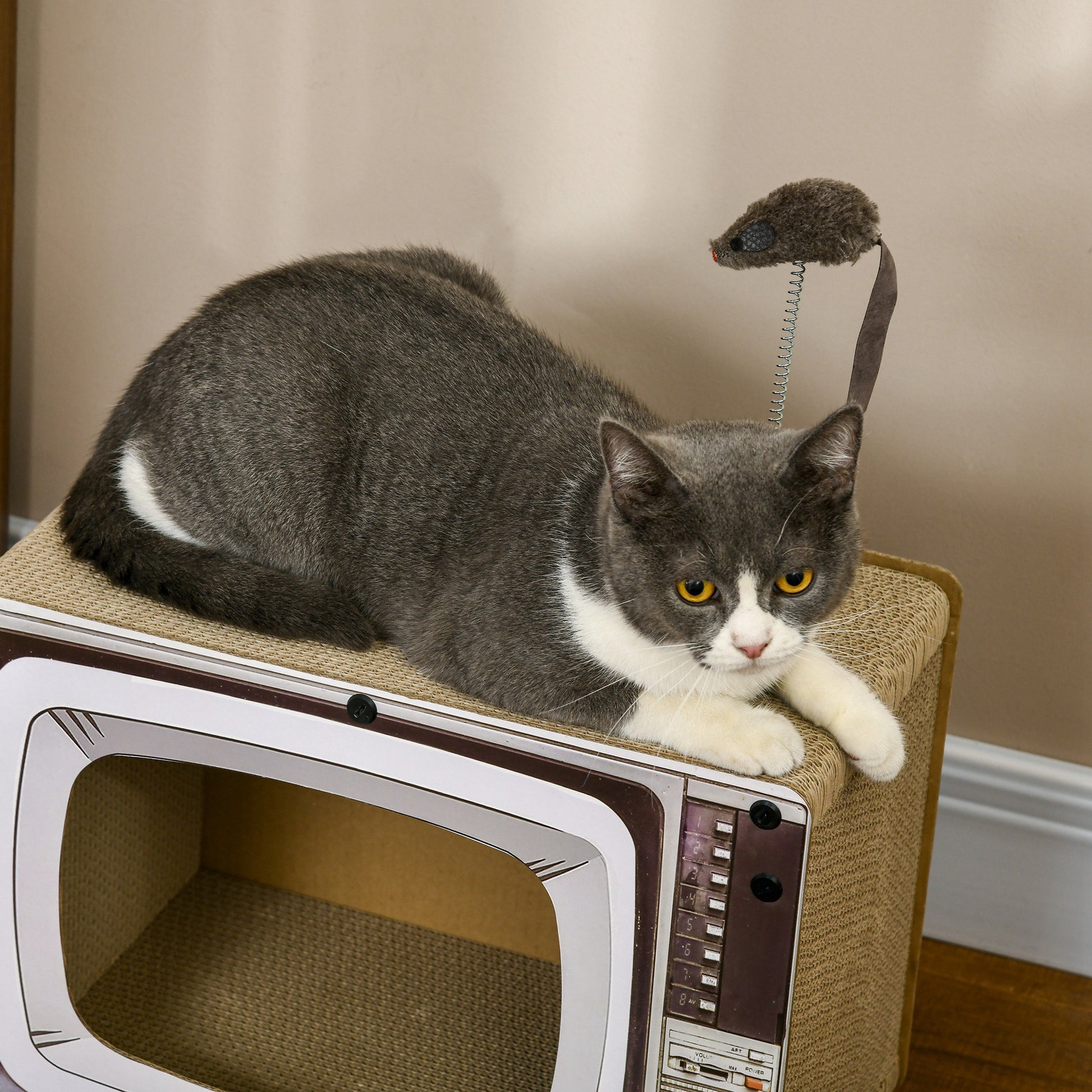 PawHut TV-Shaped Scratching Board with Scratcher, Catnip, Toy Rat, Cat Scratcher for Indoor Cats, 43 x 23 x 32.5cm--ChewyGames-ChewyGames