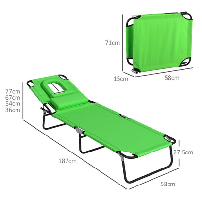 Outsunny Folding Sun Loungers Set of 2 with Face Hole, 4-Position Adjustable Backrest Garden Recliner Chairs Sunbeds, Outdoor Lounge Chairs with 600 D Oxford Cloth Seat, Pillow for Beach, Green
