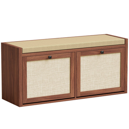 HOMCOM Rattan Shoe Bench with Padded Cushion and 2 Cabinets for Hidden Storage, Brown