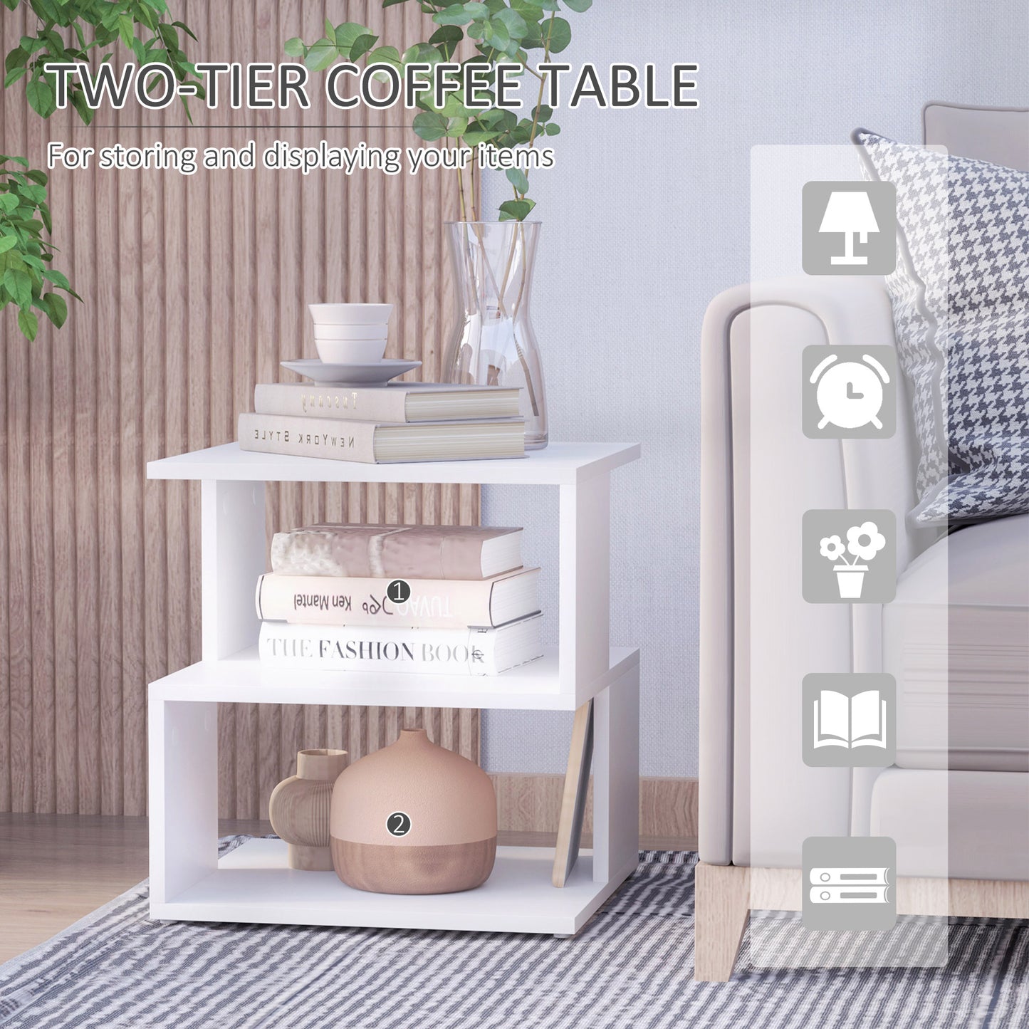 HOMCOM Side Table, Square Coffee Table, Modern End Table with 2 Tier Storage Shelves for Living Room, Bedroom, White