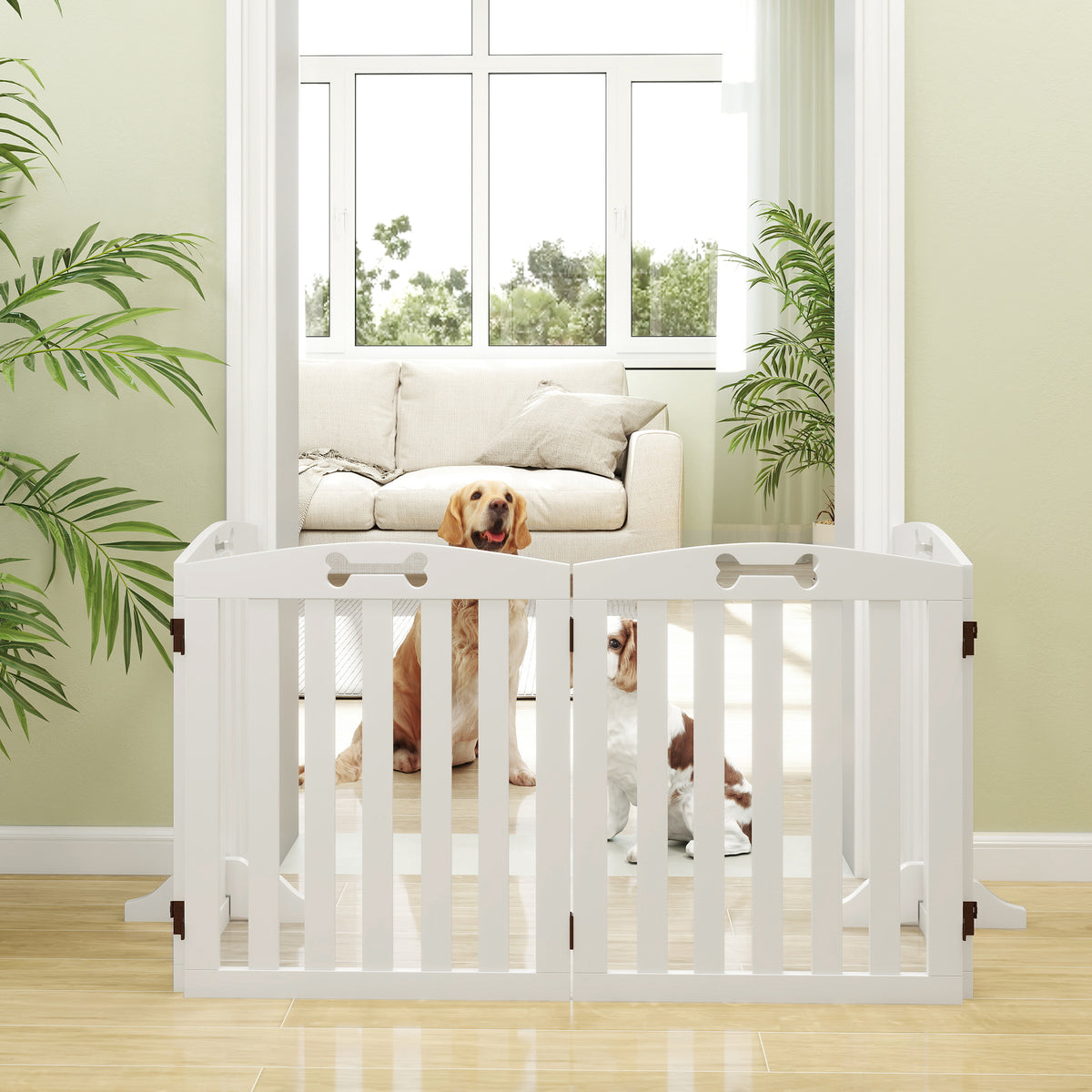 PawHut Wooden Dog Gate, Freestanding Pet Gate with Support Feet for Doorways, Hallways, Stairs, 207.5L x 61H cm, White