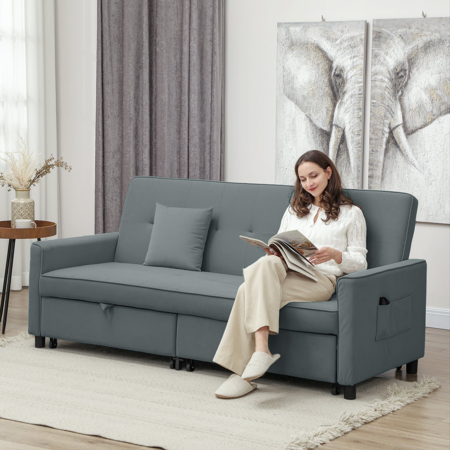 HOMCOM 3 Seater Velvet Sofa Bed, Convertible Click-Clack Couch with Adjustable Backrest, Small Double Sleeper Sofa for Living Room & Guests, Grey