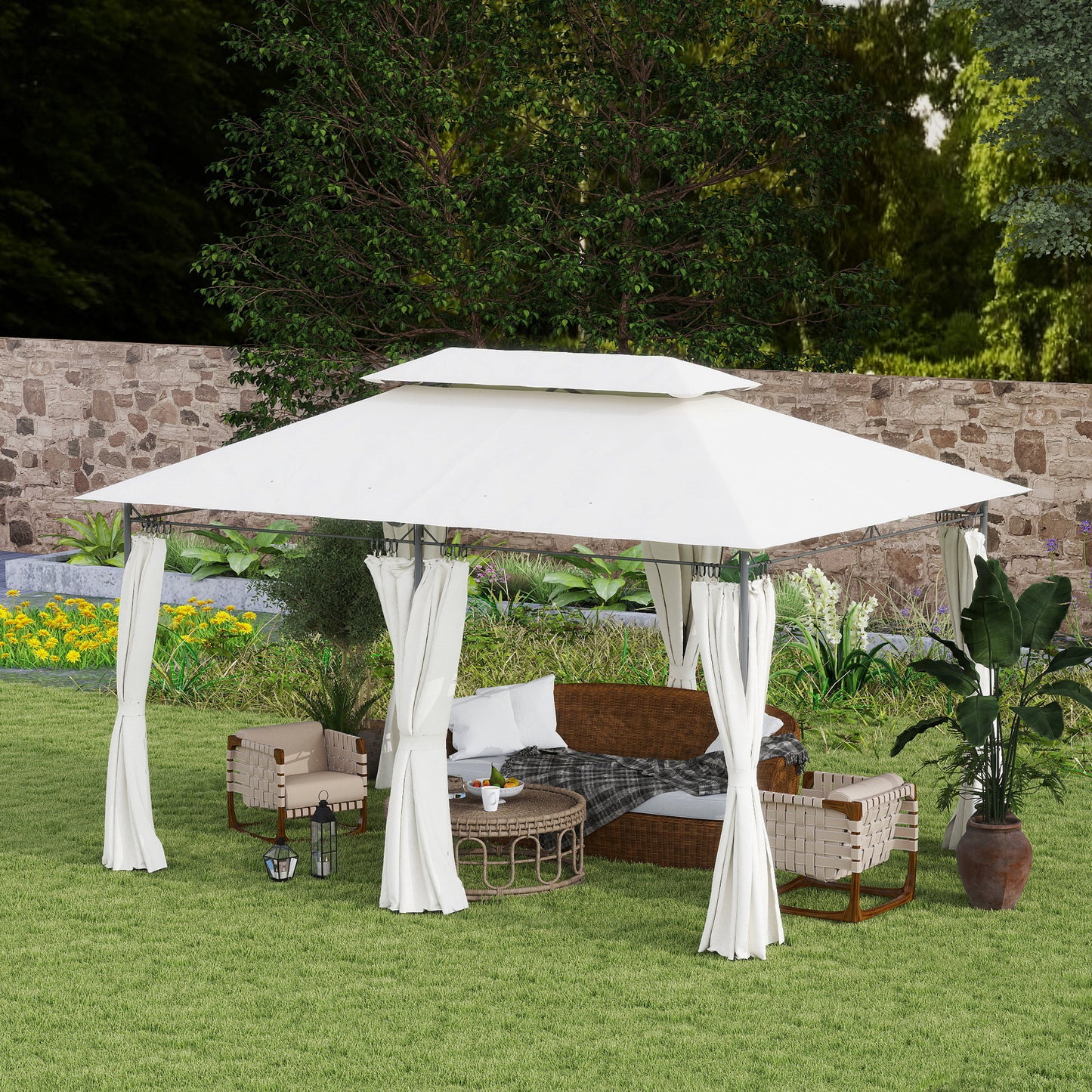 Outsunny 3 x 4m Metal Frame, Two-Tier Roof Gazebo - Cream White