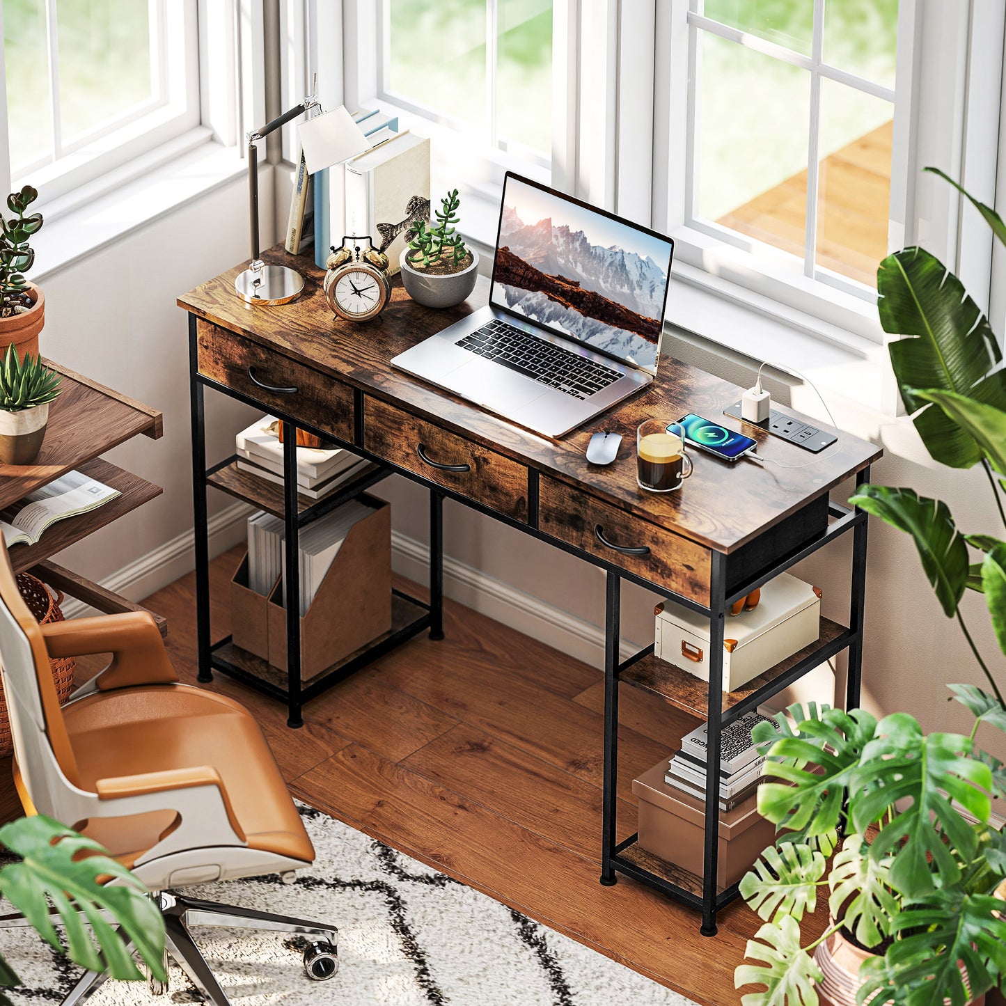 HOMCOM 120cm Computer Desk with Power Outlets, Office Desk Study Table with Fabric Drawers and Storage Shelves, Rustic Brown