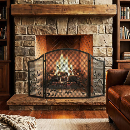 HOMCOM 3-Panel Folding Fireplace Screen for Hearth Protection, Heat-Resistant Metal Fire Spark Guard, Black