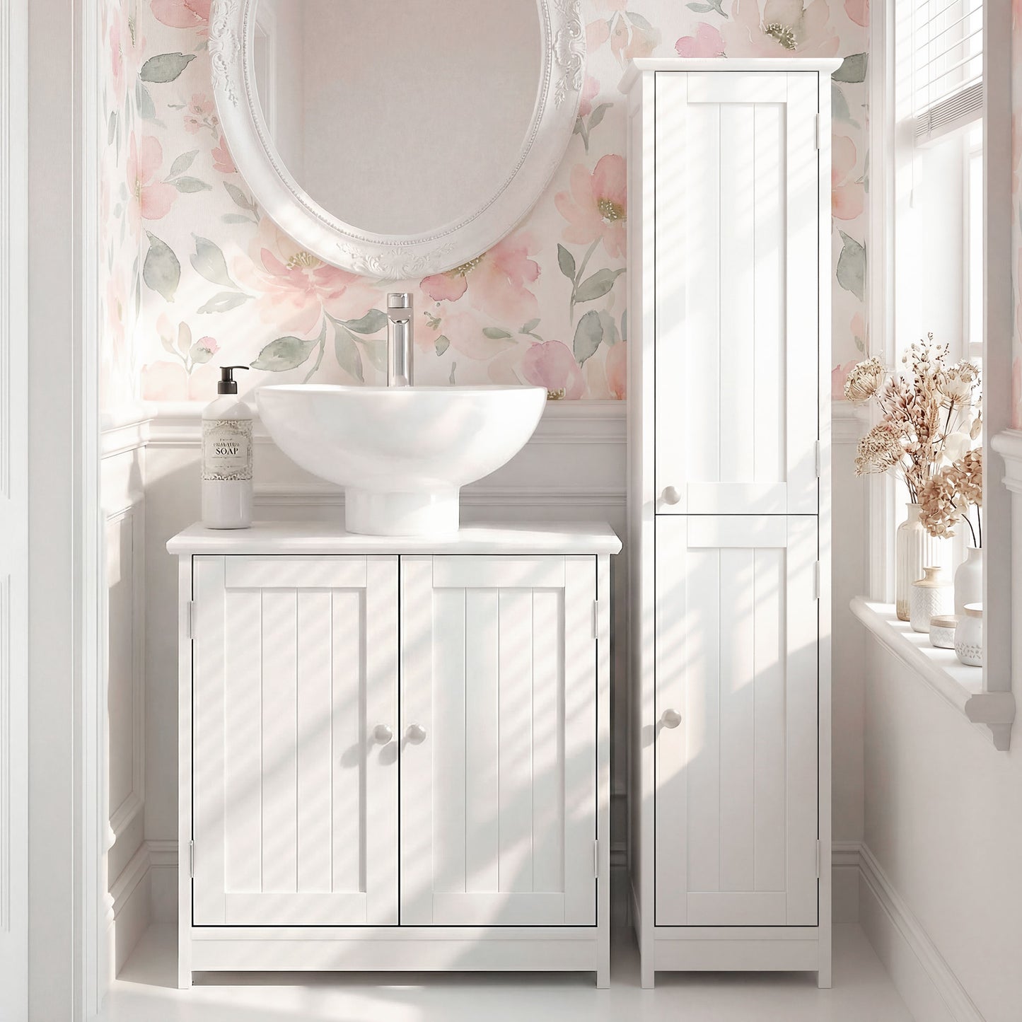 kleankin Under Sink Bathroom Cabinet, Freestanding Under Sink Cabinet with 2 Doors and Adjustable Shelf for Basin without or with Pedestal, White