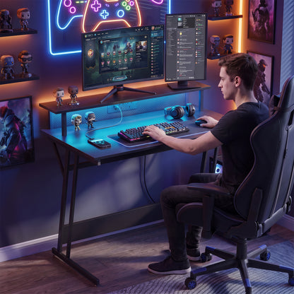 HOMCOM Two-Level LED Gaming Desk - Black