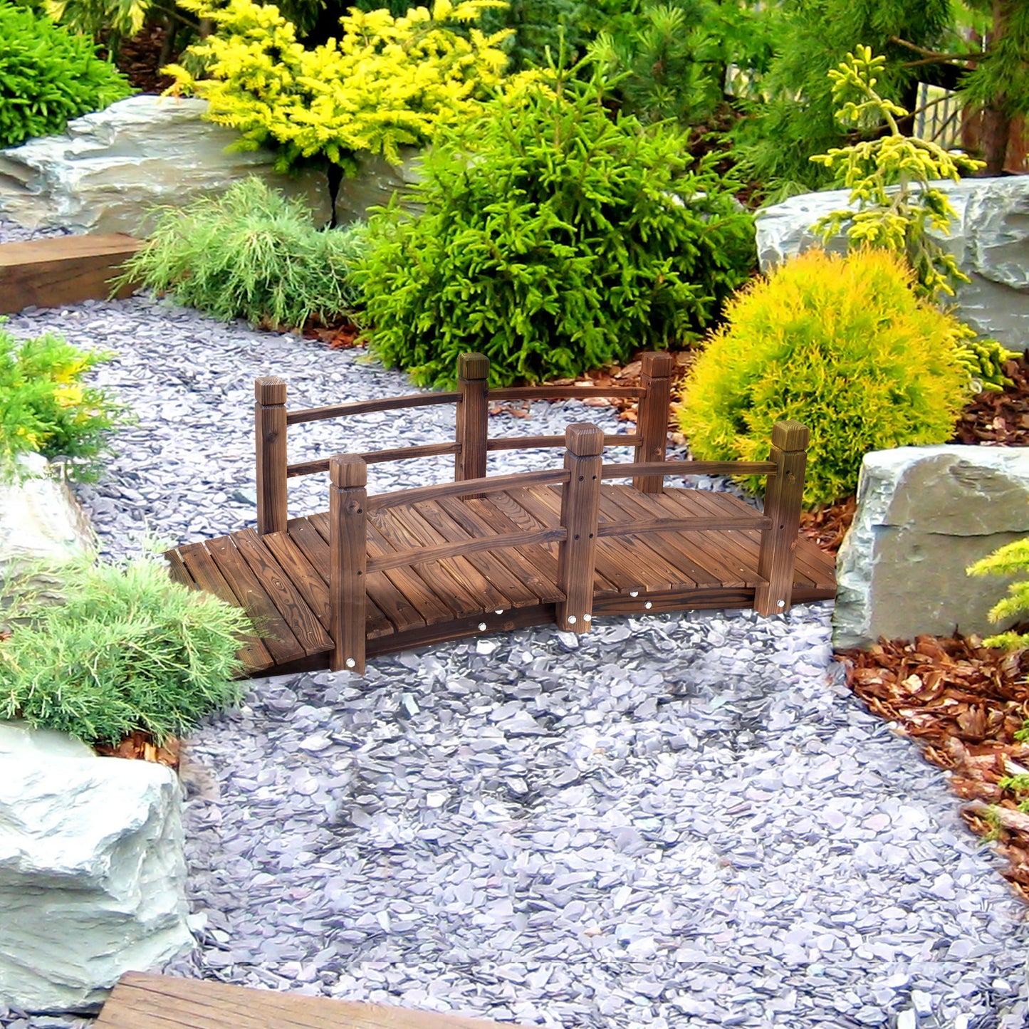 Outsunny 1.5M Wooden Garden Bridge Lawn Décor Stained Finish Arc Outdoor Pond Walkway w/ Railings Water Yard Decoration
