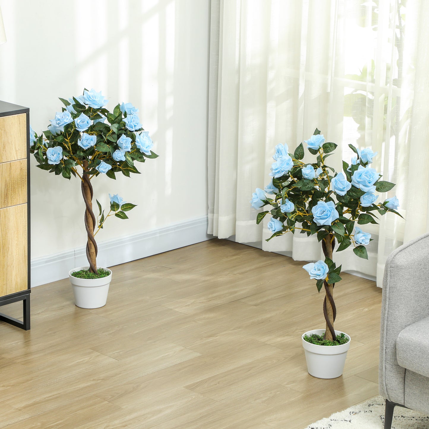 Outsunny Set of 2 Artificial Plants White Rose Floral in Pot, Fake Plants for Home Indoor Decor, 90cm, Light Blue-Artificial Flowering Plants-ChewyGames-ChewyGames