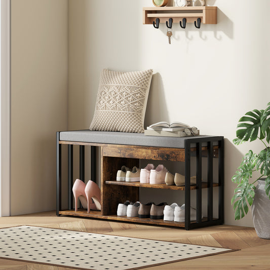 HOMCOM Shoe Storage with Seat, Upholstered Entryway Bench, Shoe Bench with 3 Open Shelves for Hallway, Rustic Brown--ChewyGames-ChewyGames
