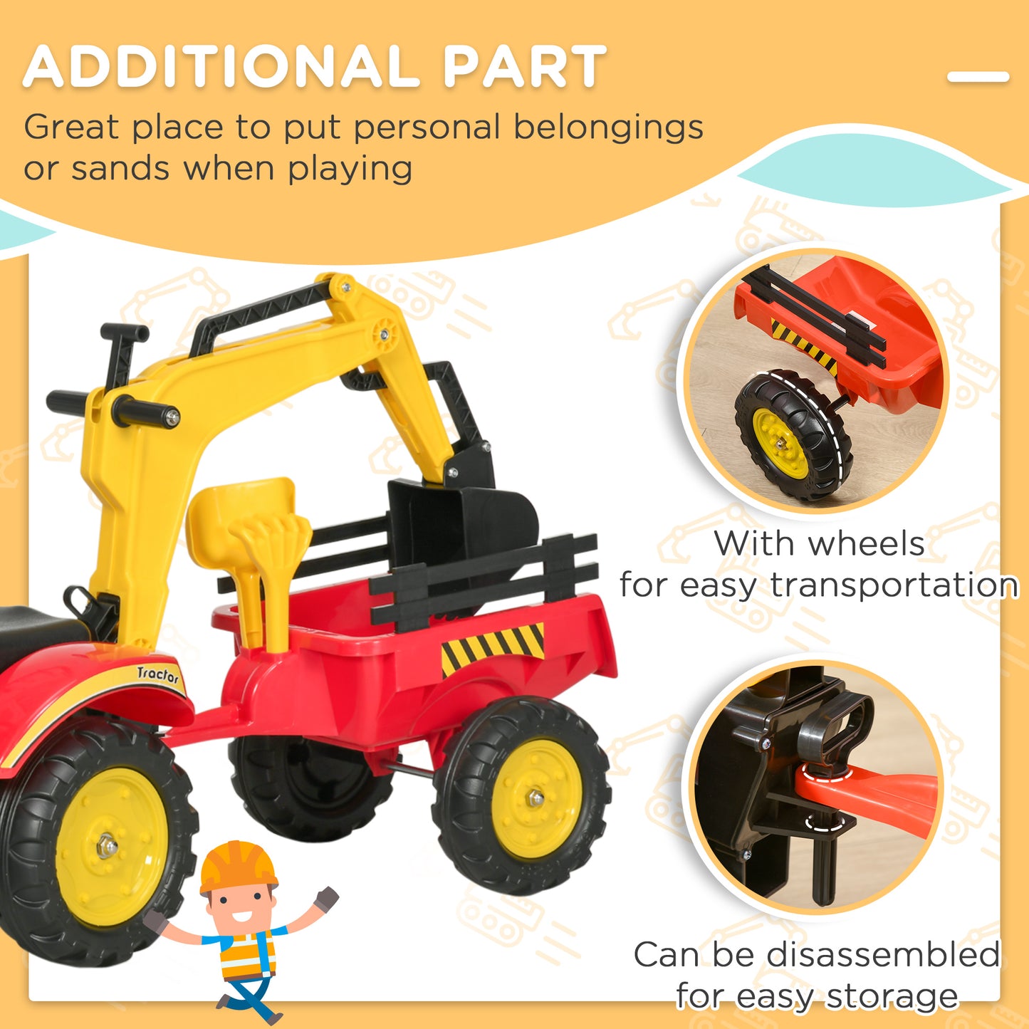 HOMCOM Ride On Tractor for Kids, 3 in 1 Ride On Excavator Toy Car with Adjustable Bucket, Digger and Removable Trailer, Pretend Play Construction Truck for 3-6 Years