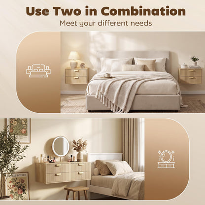HOMCOM Modern Floating Nightstands Set of 2, Wall Mounted Bedside Tables with 2 Drawers, Oak