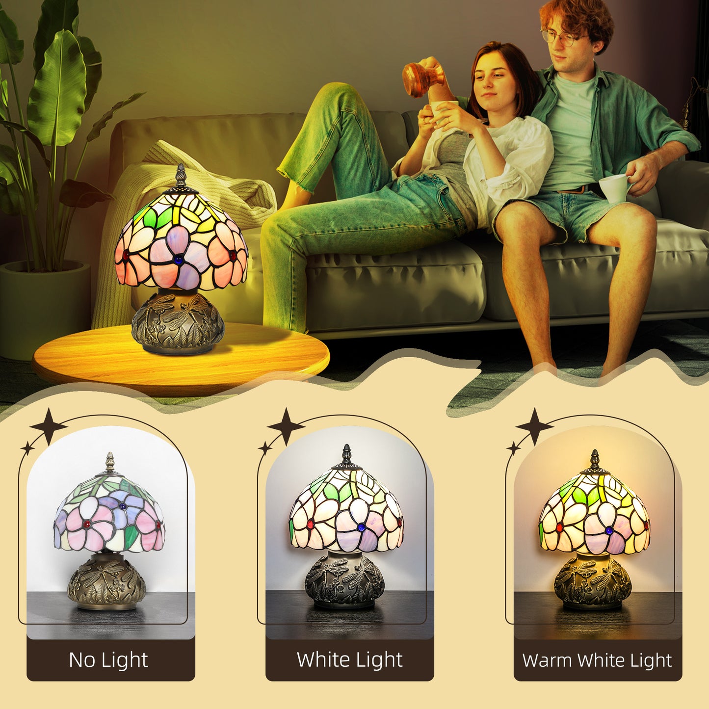 HOMCOM Tiffany-Style Table Lamp with Sculpted Dragonfly Base, Handcrafted Classic Stained Glass Bedside Lamp for Living Room and Bedroom, E27 Socket, Pink
