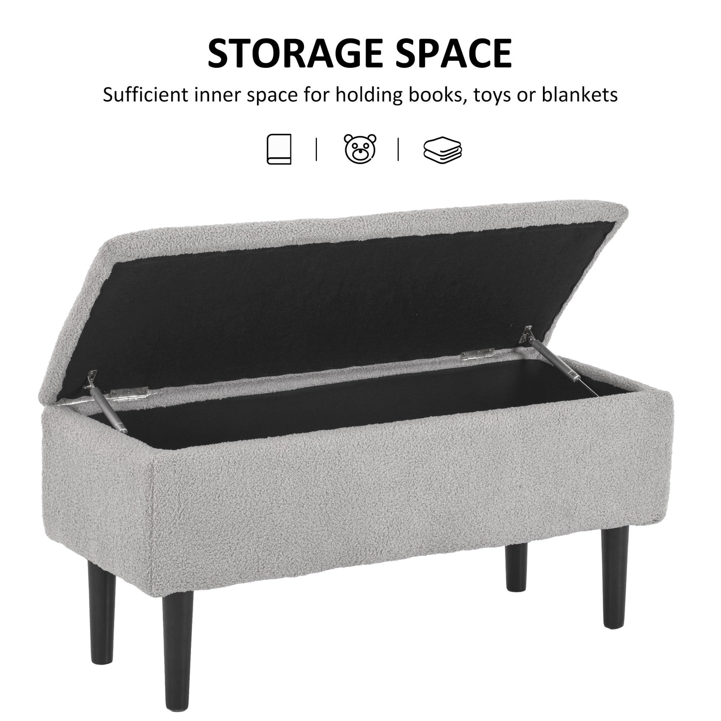 HOMCOM 57L Storage Ottoman, End of Bed Bench with Wooden Legs, Fabric Footstool for Living Room, Bedroom, 95 x 38 x 45cm, Grey