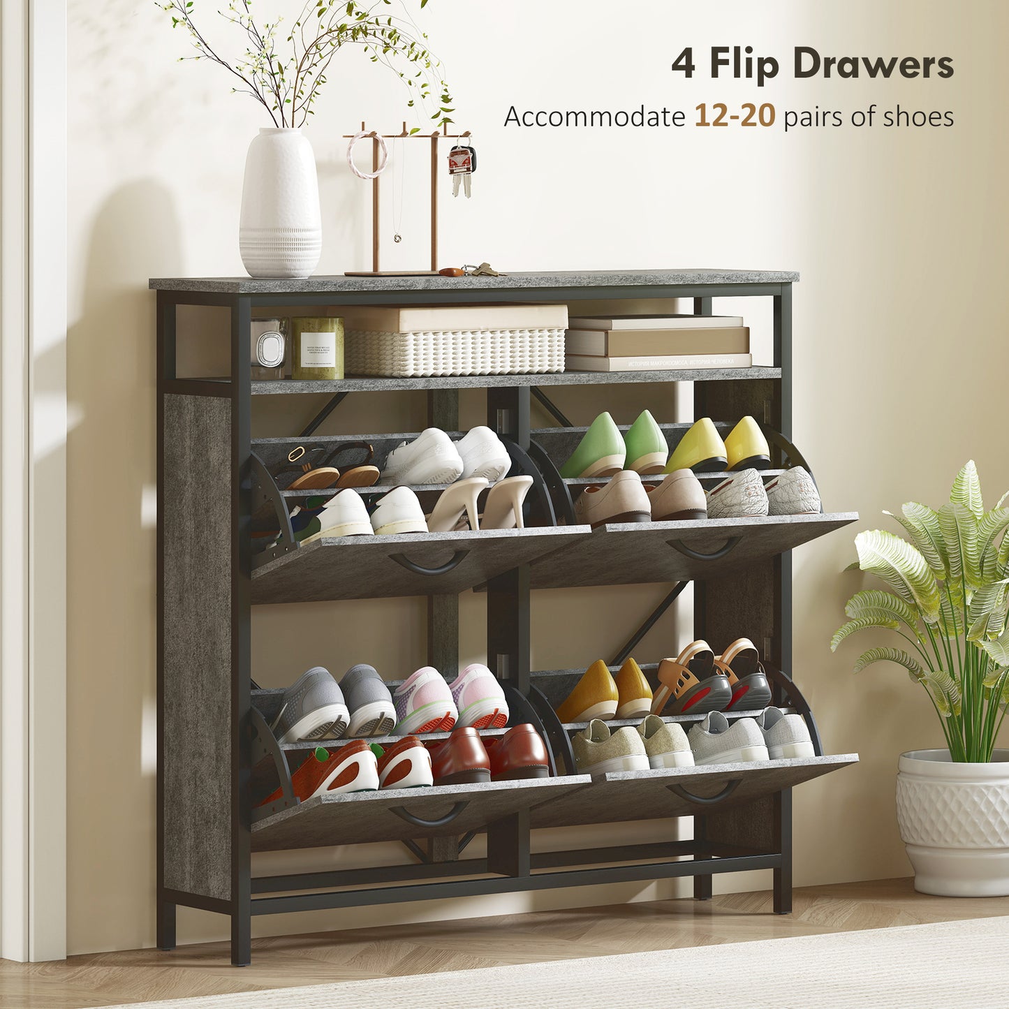 HOMCOM Shoe Storage Cabinet with 4 Flip Drawers and Open Shelf - Cement Grey