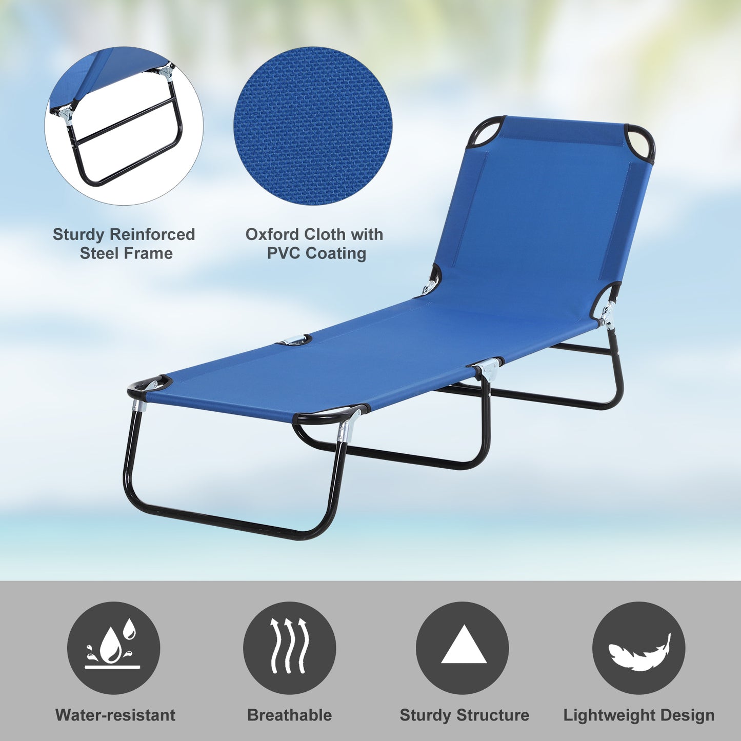 Outsunny Foldable Sun Lounger with 5-Position Adjustable Backrest, Outdoor Portable Recliner Chaise Lounge Chair with Oxford Fabric for Patio, Beach, Garden, Camping, Blue