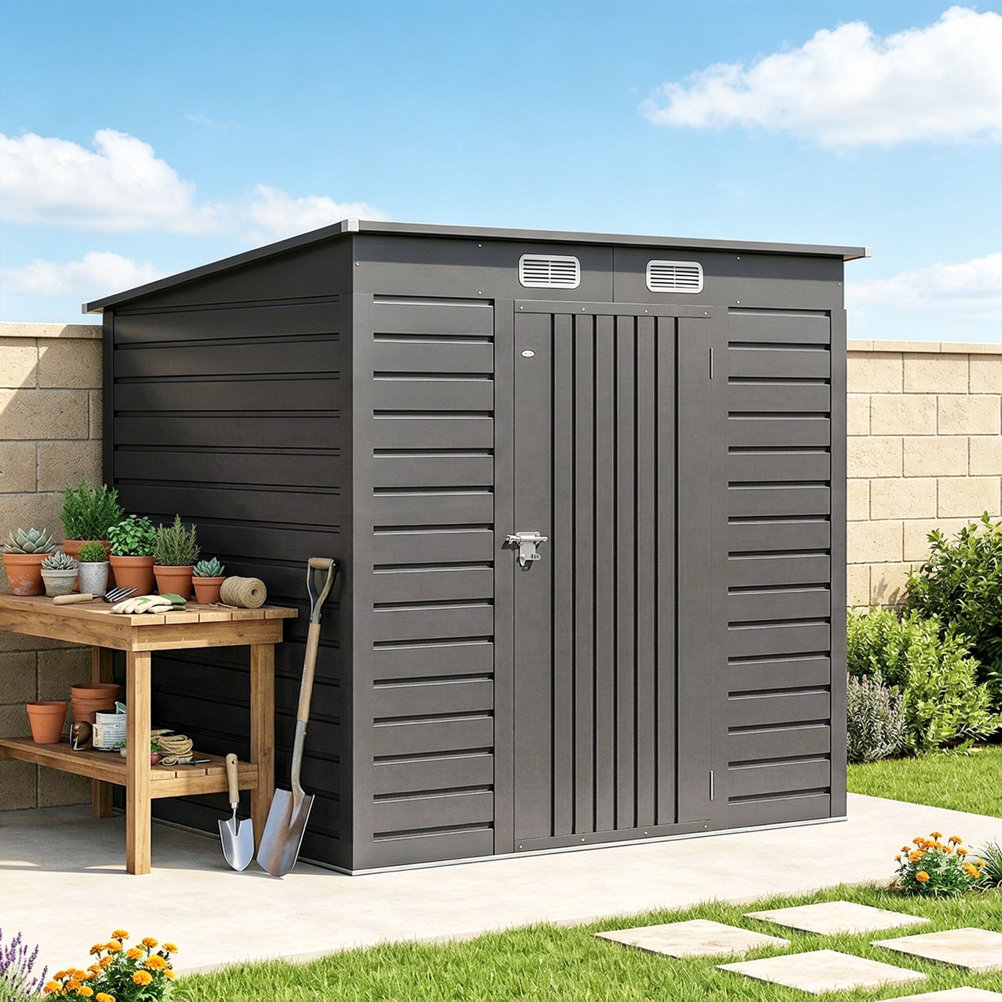 Outsunny 4 x 6ft Galvanised Metal Garden Shed, with Locking Door - Grey