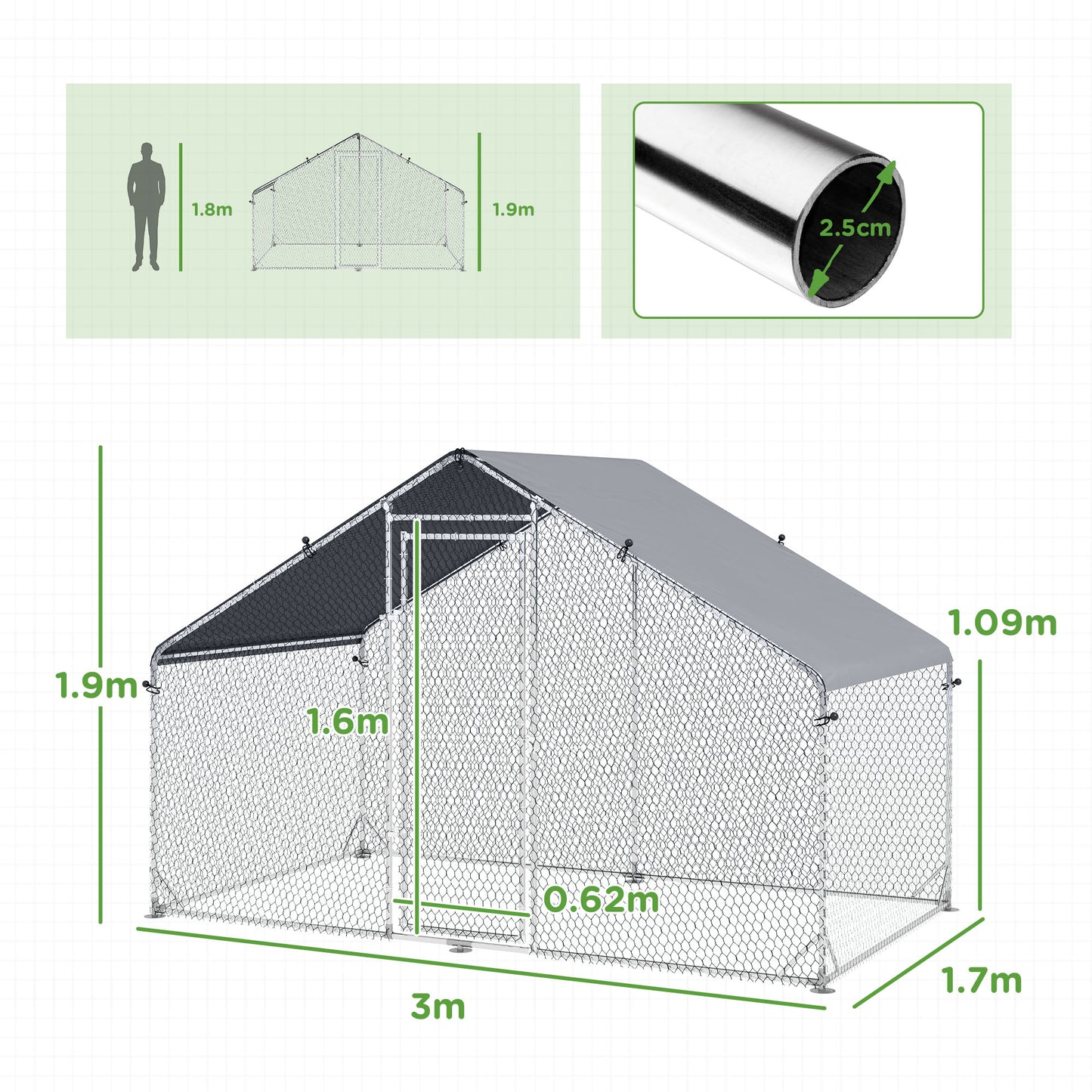 PawHut Large Chicken Coop, Galvanised Walk In Chicken Coop Hen House w/ Water-Resist Cover, Grey