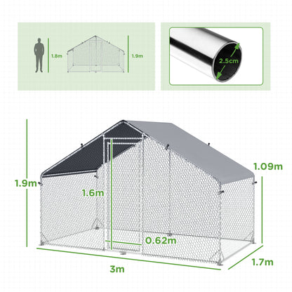 PawHut Large Chicken Coop, Galvanised Walk In Chicken Coop Hen House w/ Water-Resist Cover, Grey