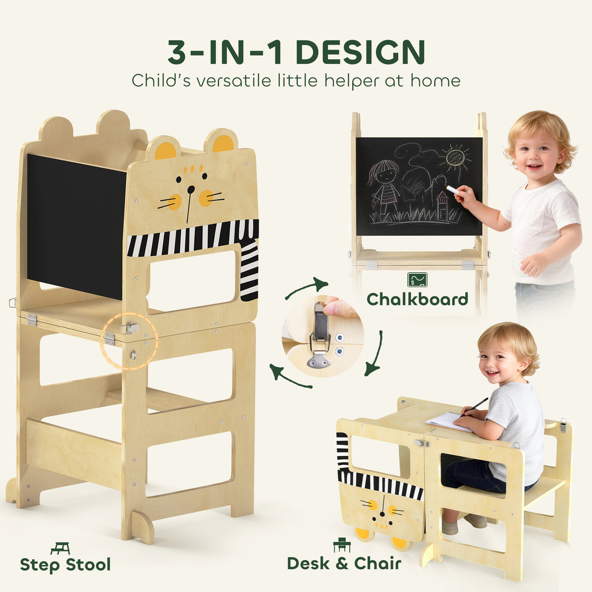 AIYAPLAY Toddler Step Stool, Standing Tower with Chalkboard, 3-in-1 Cat-Shaped Step Stool for Kitchen Counter, Natural